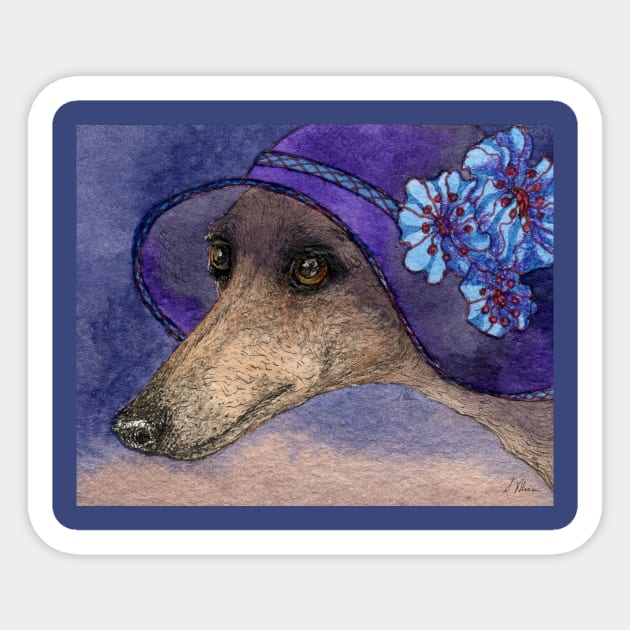 Whippet of Mystery Greyhound dog in fabulous hat with blue flowers